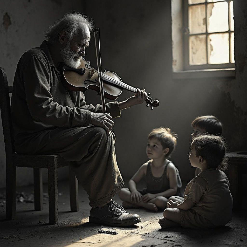 Hyperrealistic Image of Violinist Entertaining Children
