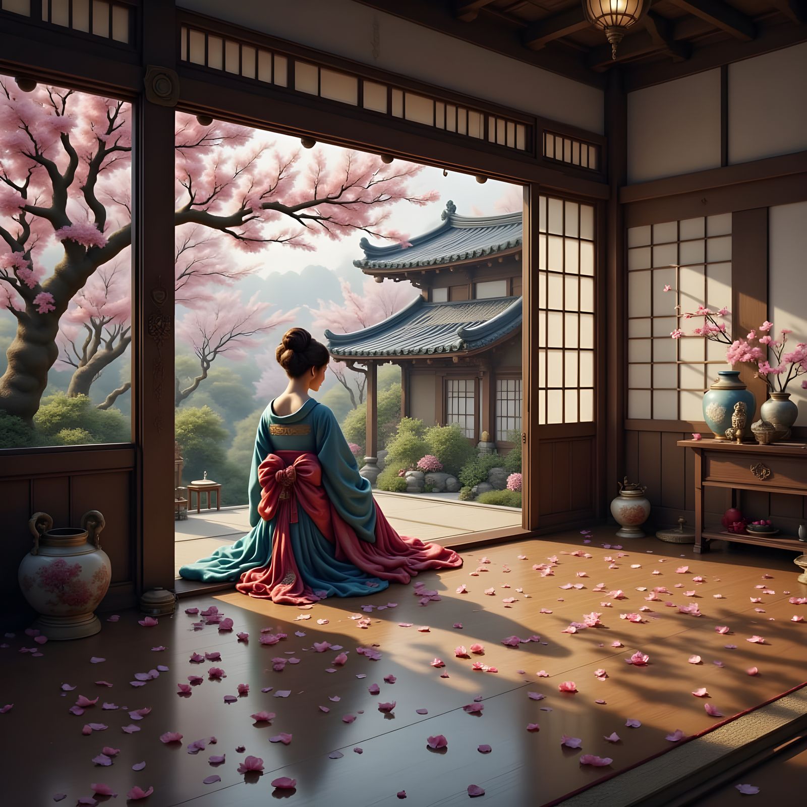 Elegant Joseon Dynasty Scene with Cherry Blossoms