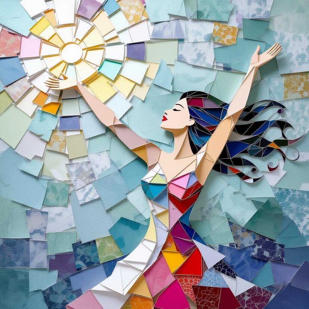 Fragile Paper Figure Reaching Skyward Against Mosaic Backgro...