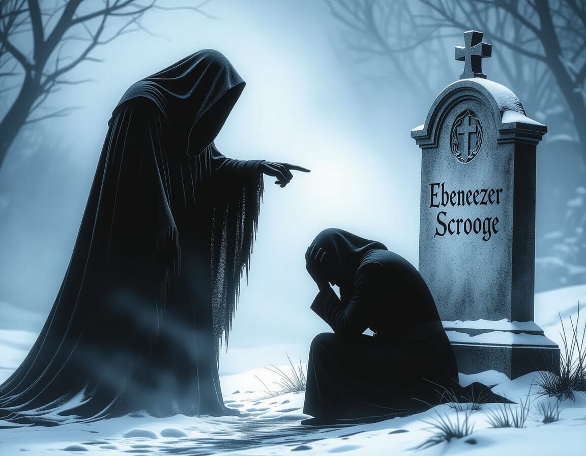 Ghost of Christmas Yet to Come Points to Scrooge's Graveston...