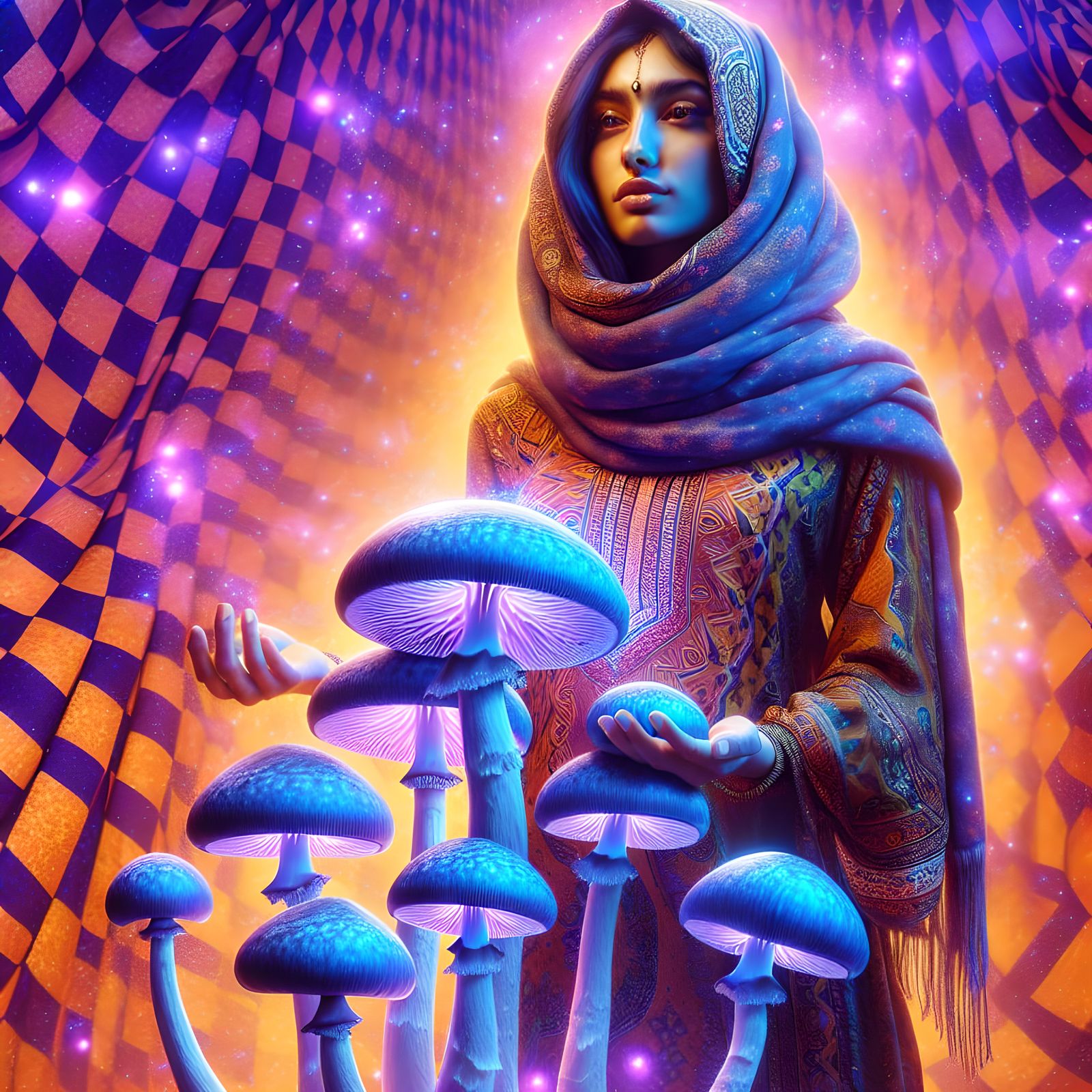 Empowered Woman Among Magic Mushrooms in Neon Landscape