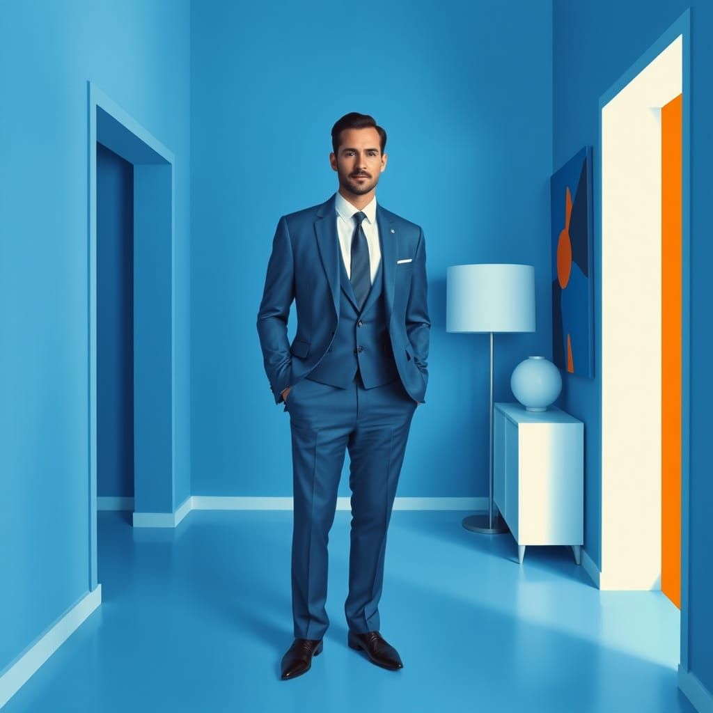 Man in Blue Room with Geometric Shapes
