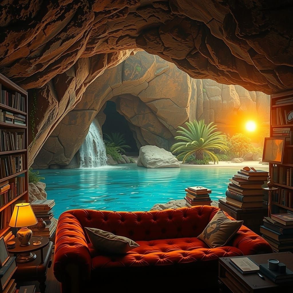 Serene Cave Library Oasis with Tropical Waterfall Lagoon