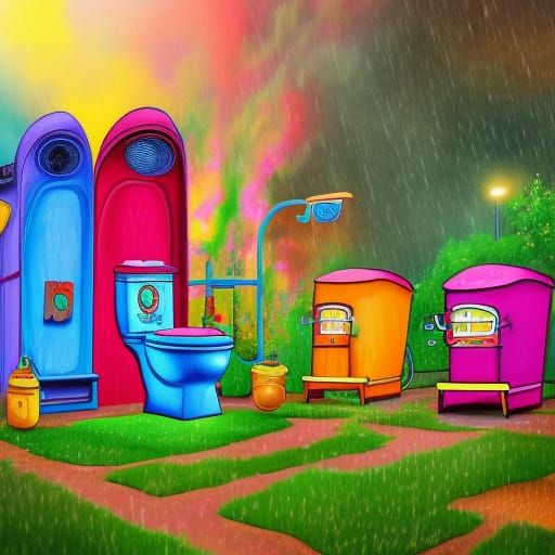 Colorful Cartoon Toilet on Rainy Day