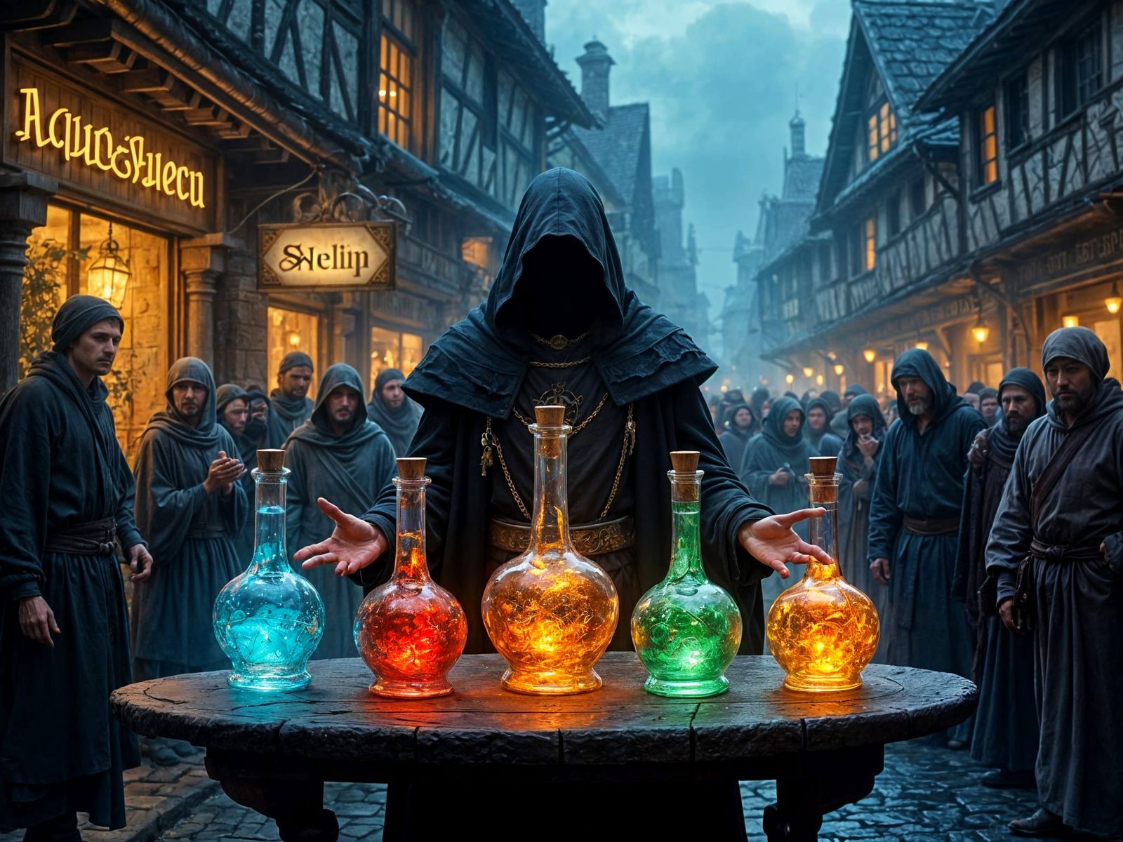 Medieval Sorcerer Showcases Mystical Potions in Dark Fantasy...