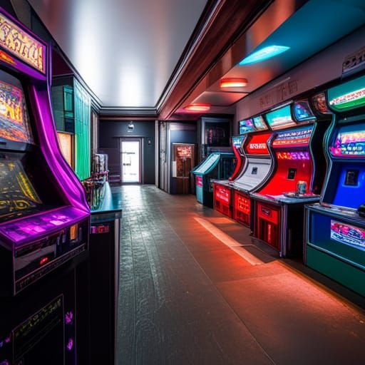 Vibrant 1980s Arcade with Hyperrealistic Detail