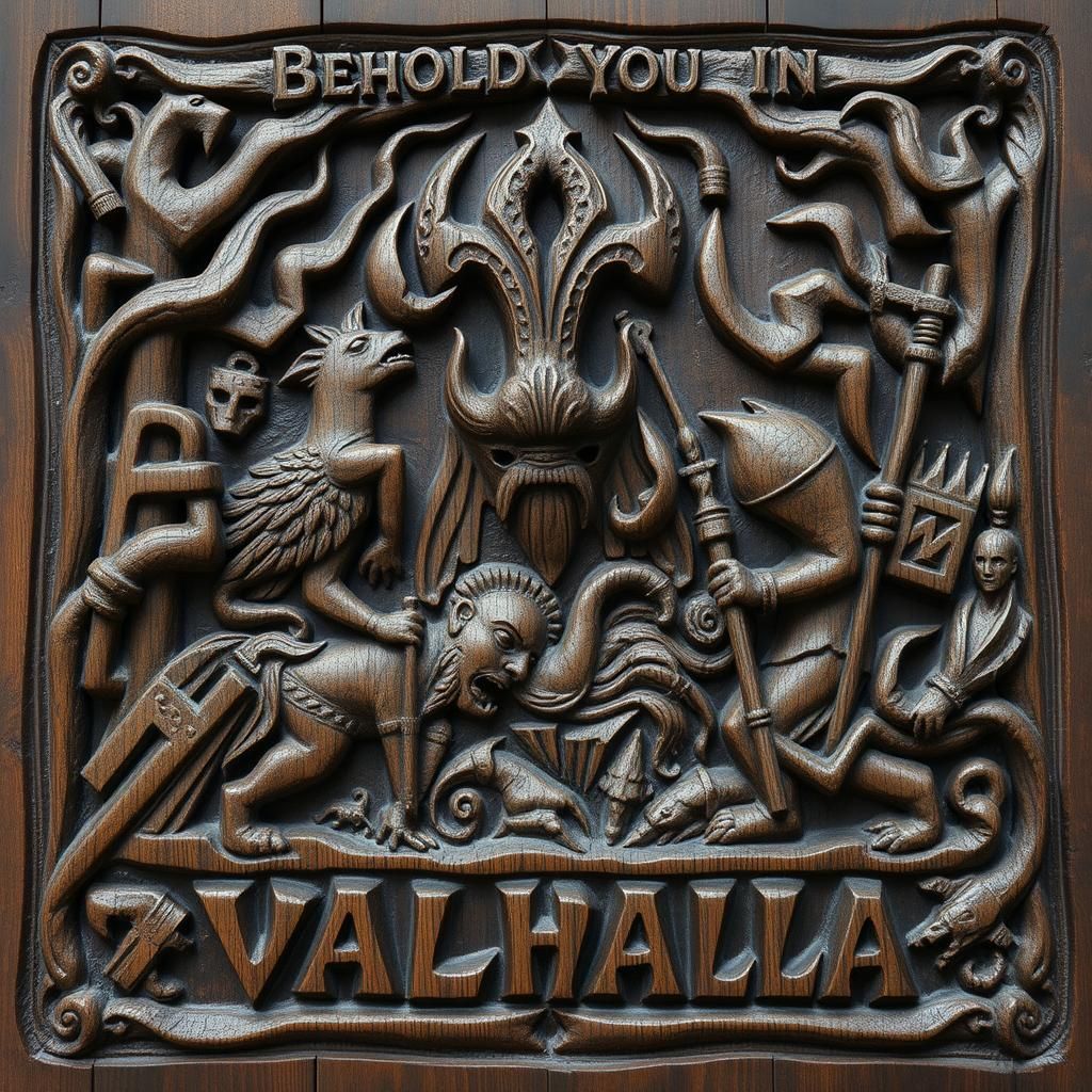 epic dark ragnarök scene carved in antique wood, viking styl...