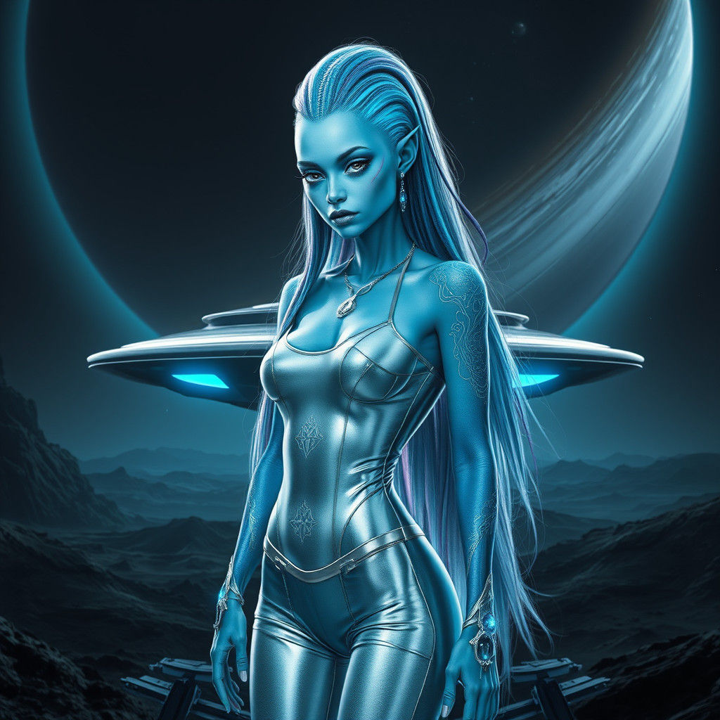 Slender Alien Woman with Rainbow Hair in Digital Matte Paint...