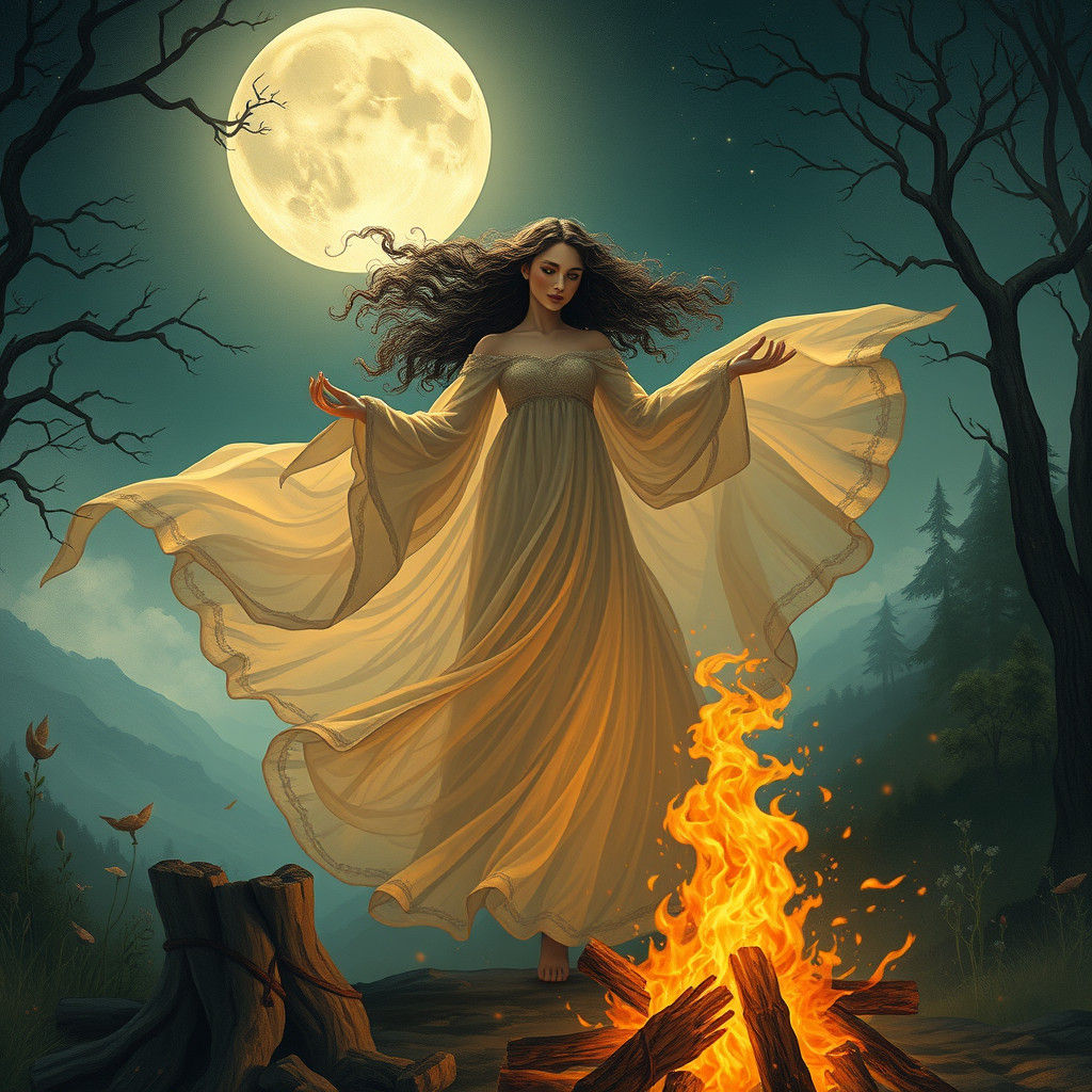 Mystical Maiden Dancing by Fire in Dreamlike Landscape