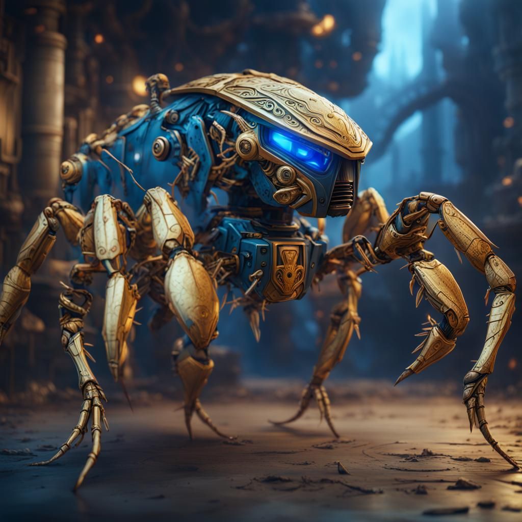 Detailed Blue and Gold Robot Scorpion