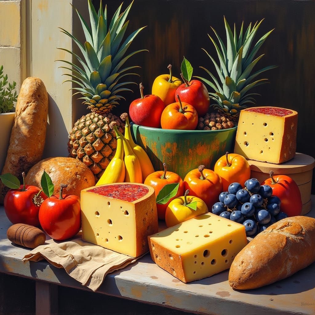 Still Life with Exotic Foods in Folk Art Style