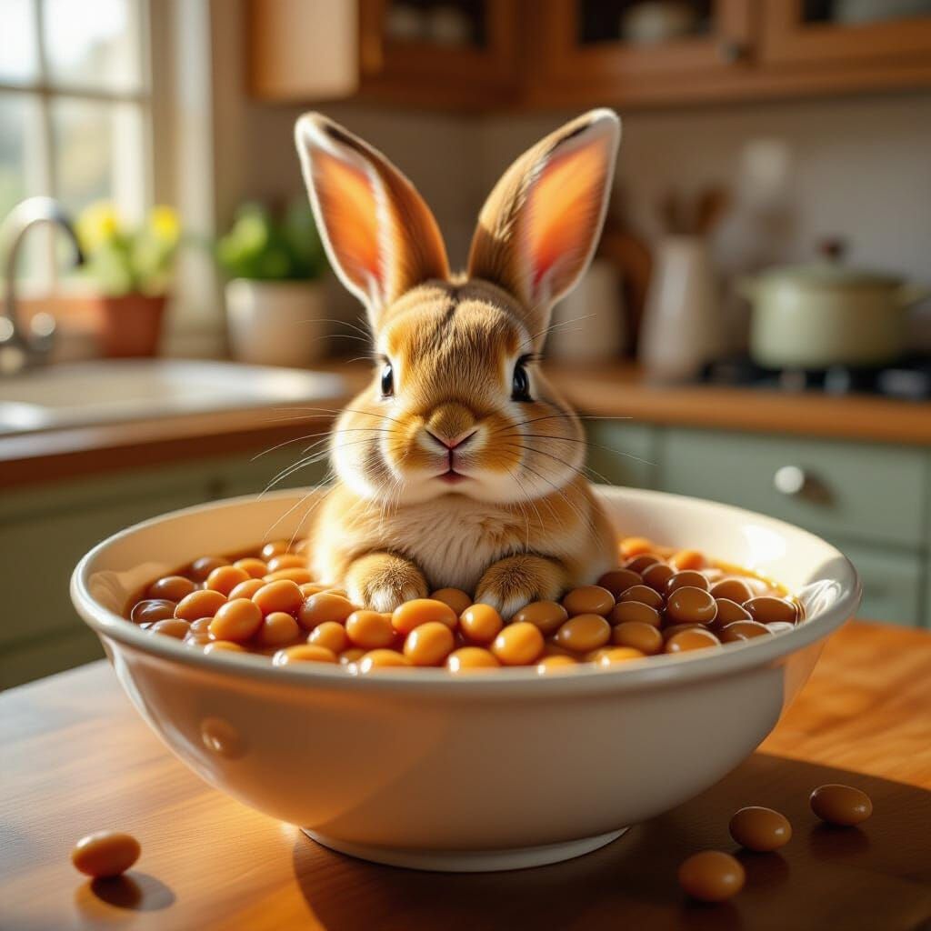 Surreal Bunny Bean Breakfast in Sunlit Kitchen