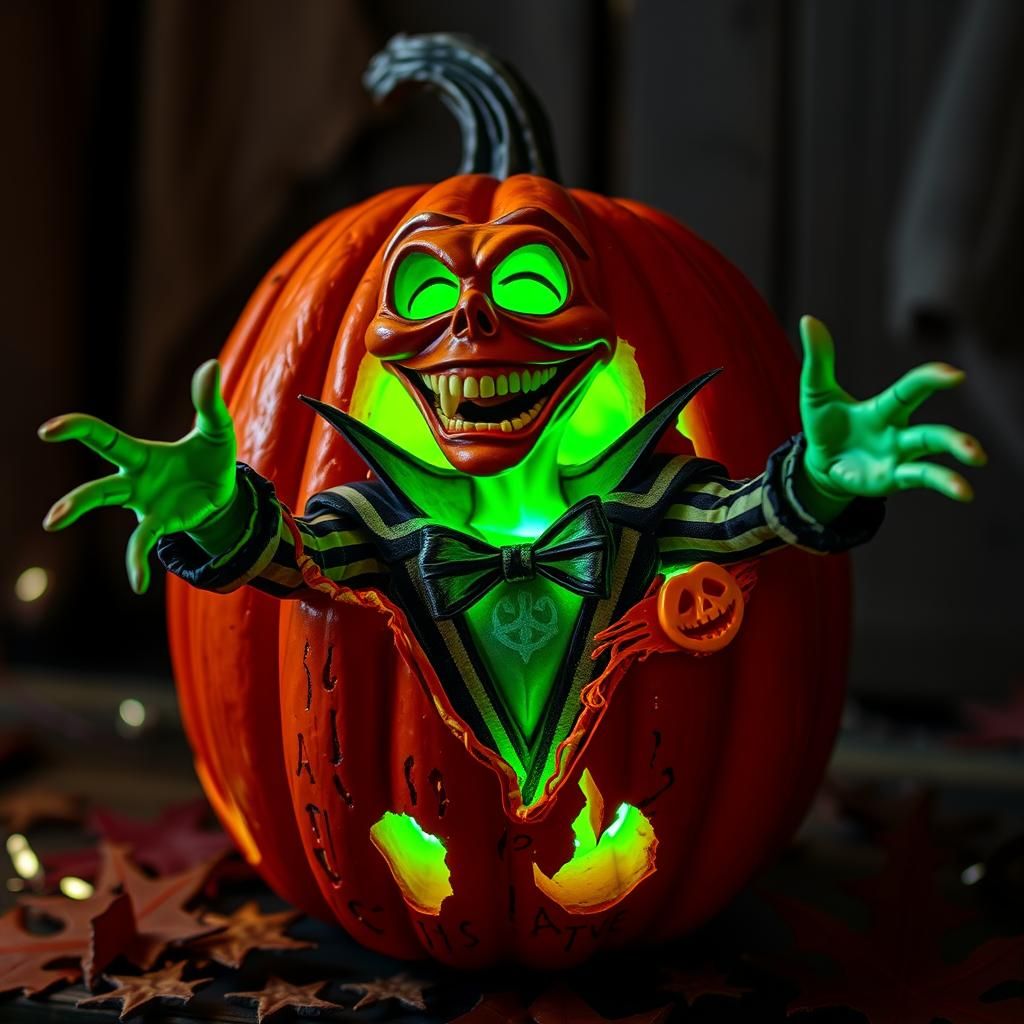Beetlejuice Pumpkin Carving with Glowing Green Neon Light