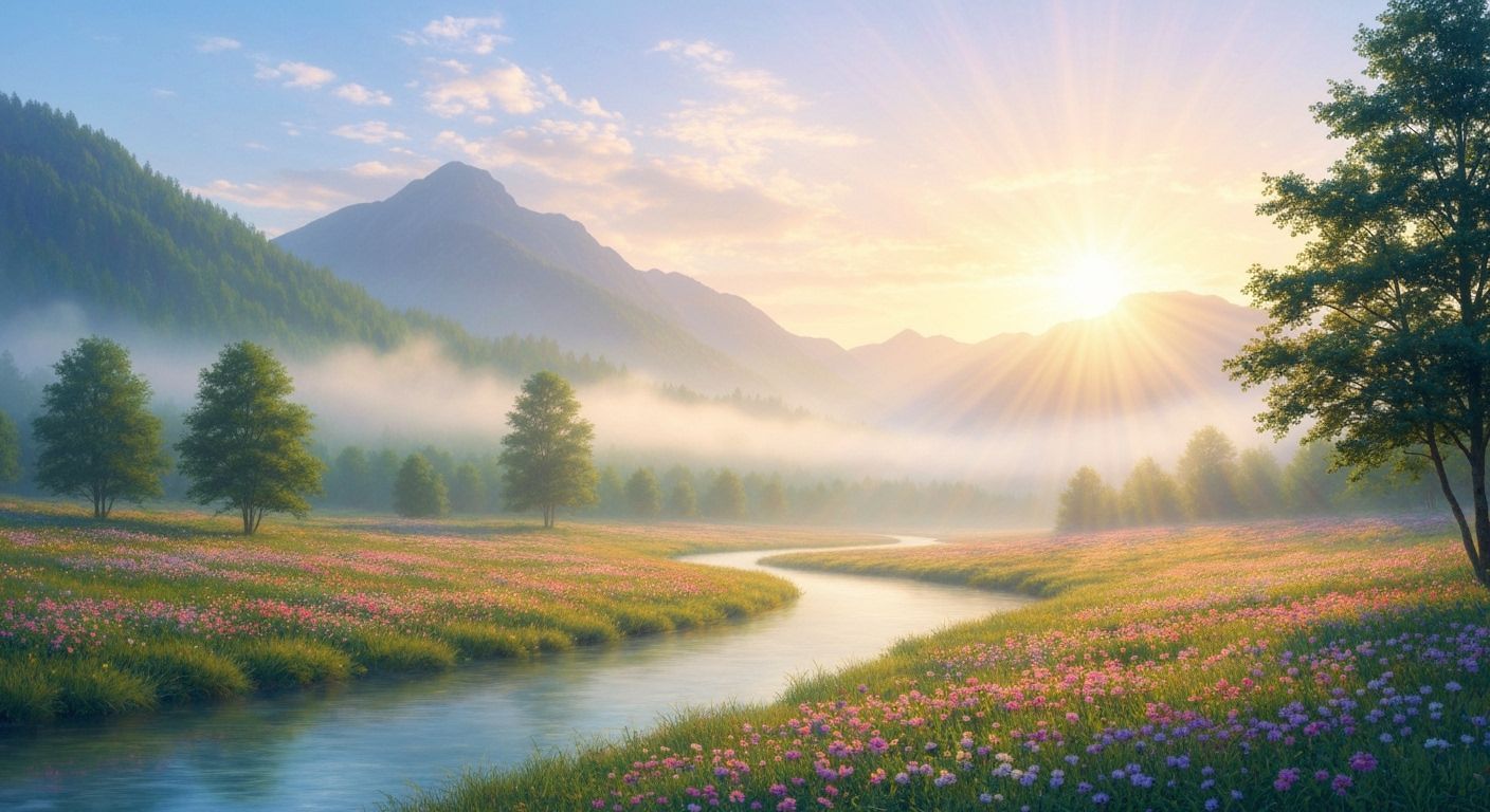 Dreamy River Valley at Sunrise in Impressionistic Style