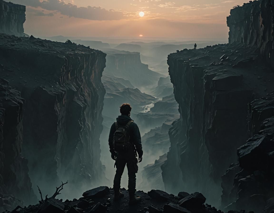 Person Gazing into Dark Chasm: Cinematic Film Still