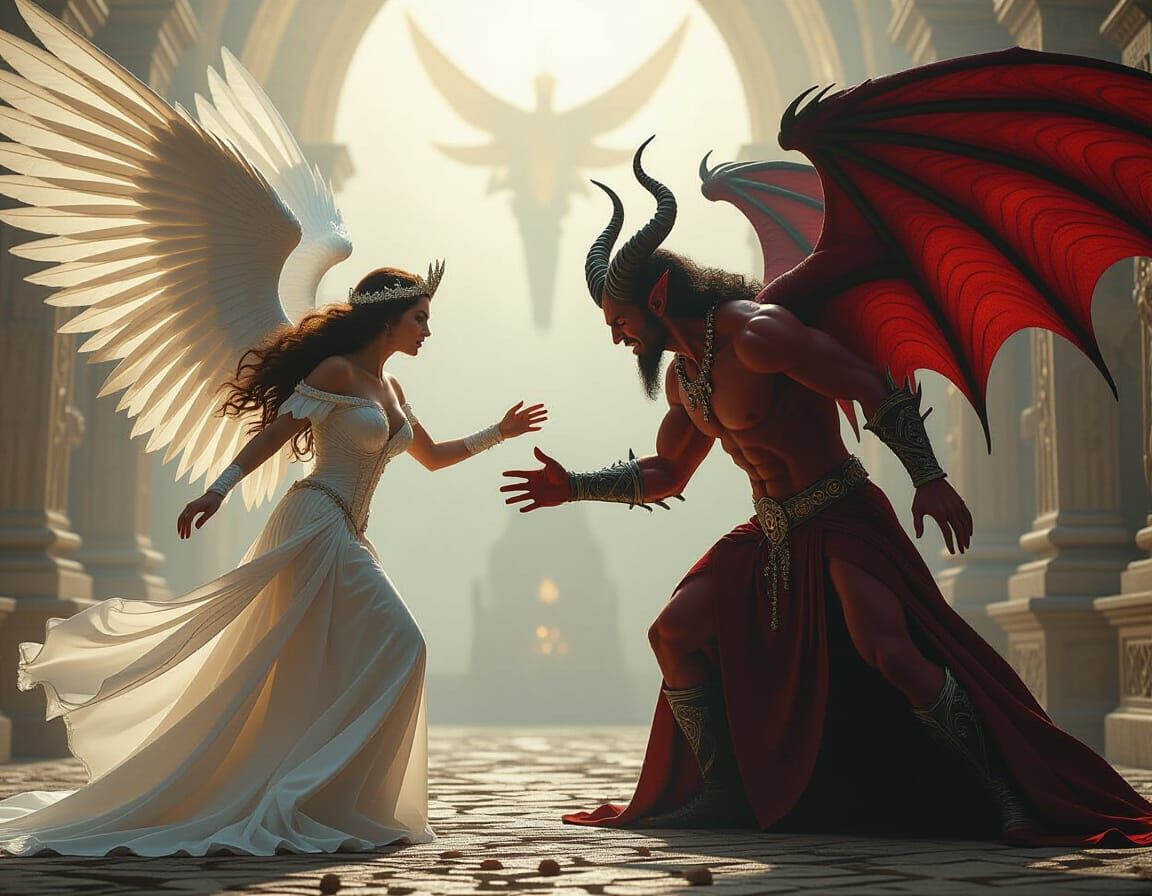 Angel and Demon Confrontation in Dramatic Digital Art