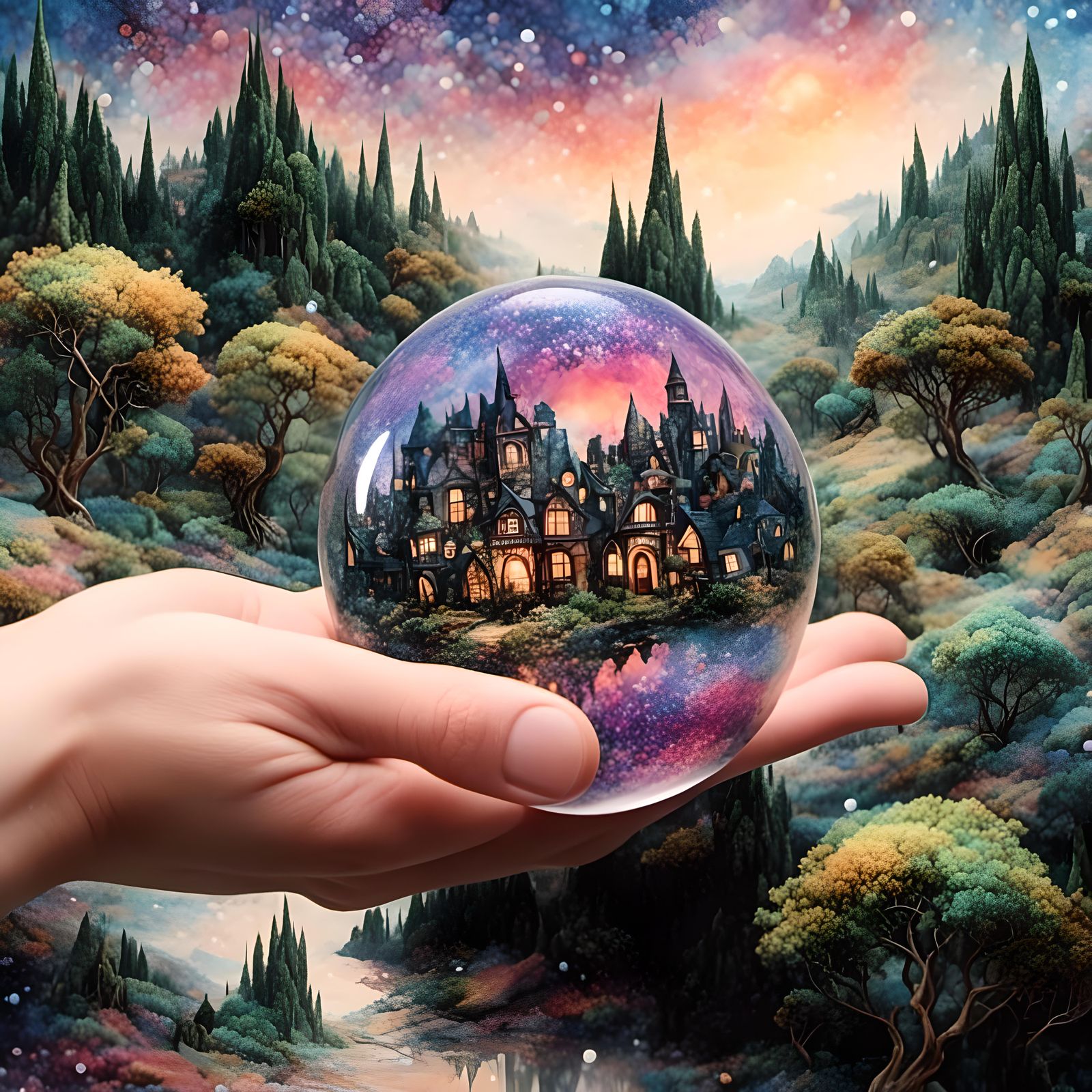 Miniature World on Finger in Pointillist Style