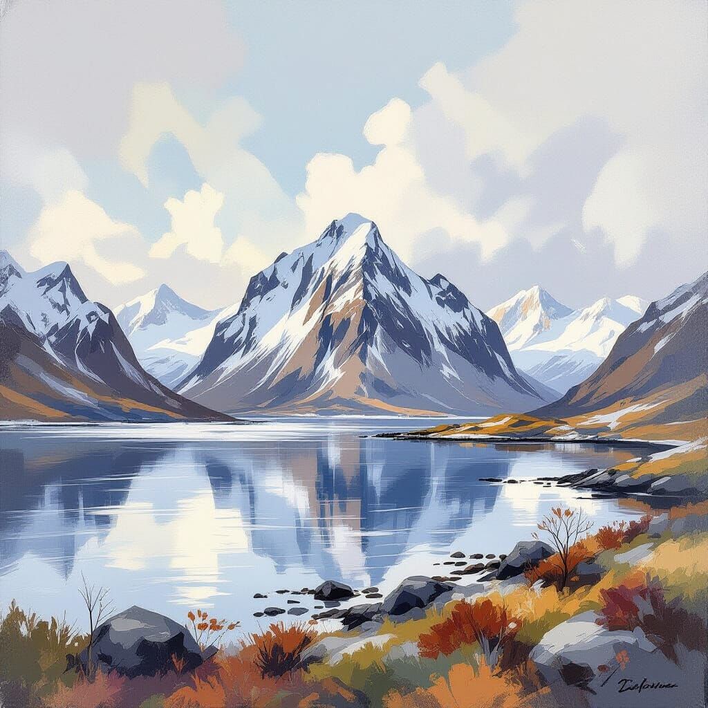 Lofoten Landscape with Icy Mountains in Romantic Style