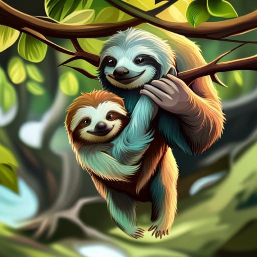 Sloth and Baby in Fantasy Portrait Art