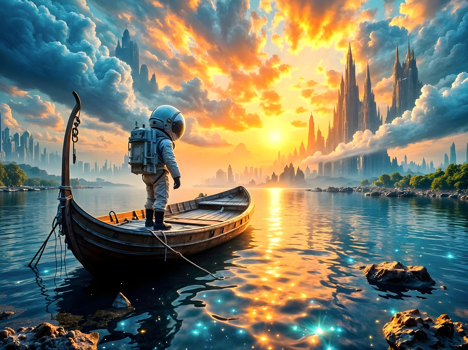 Astronaut Boy with Laser Gun on Boat Overlooking Dreamlike C...