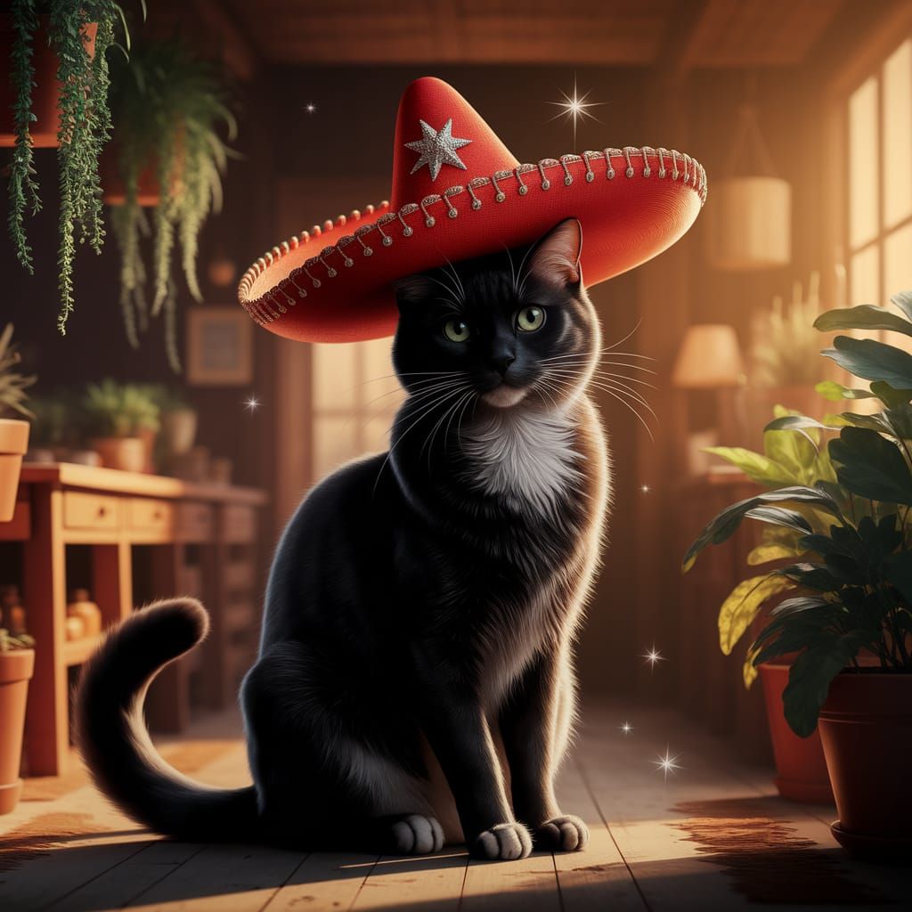 Elegant Black Cat with Red Sombrero in Rustic Room