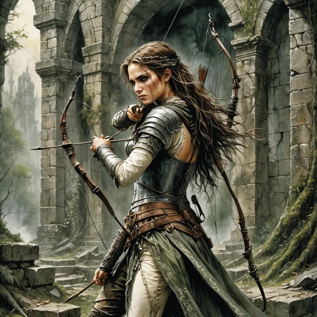 Female Archer in Forest Ruins: Dark Fantasy Illustration