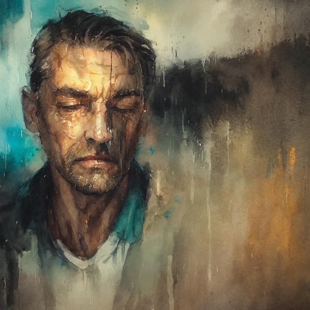 Impressionist Portrait of a Man Crying in the Rain