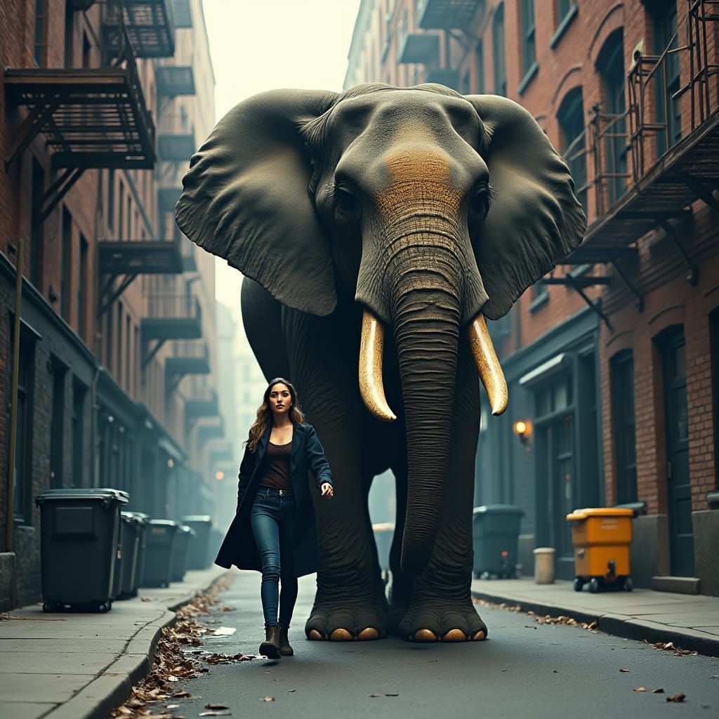 Elephant and Woman Walk in New York Alley
