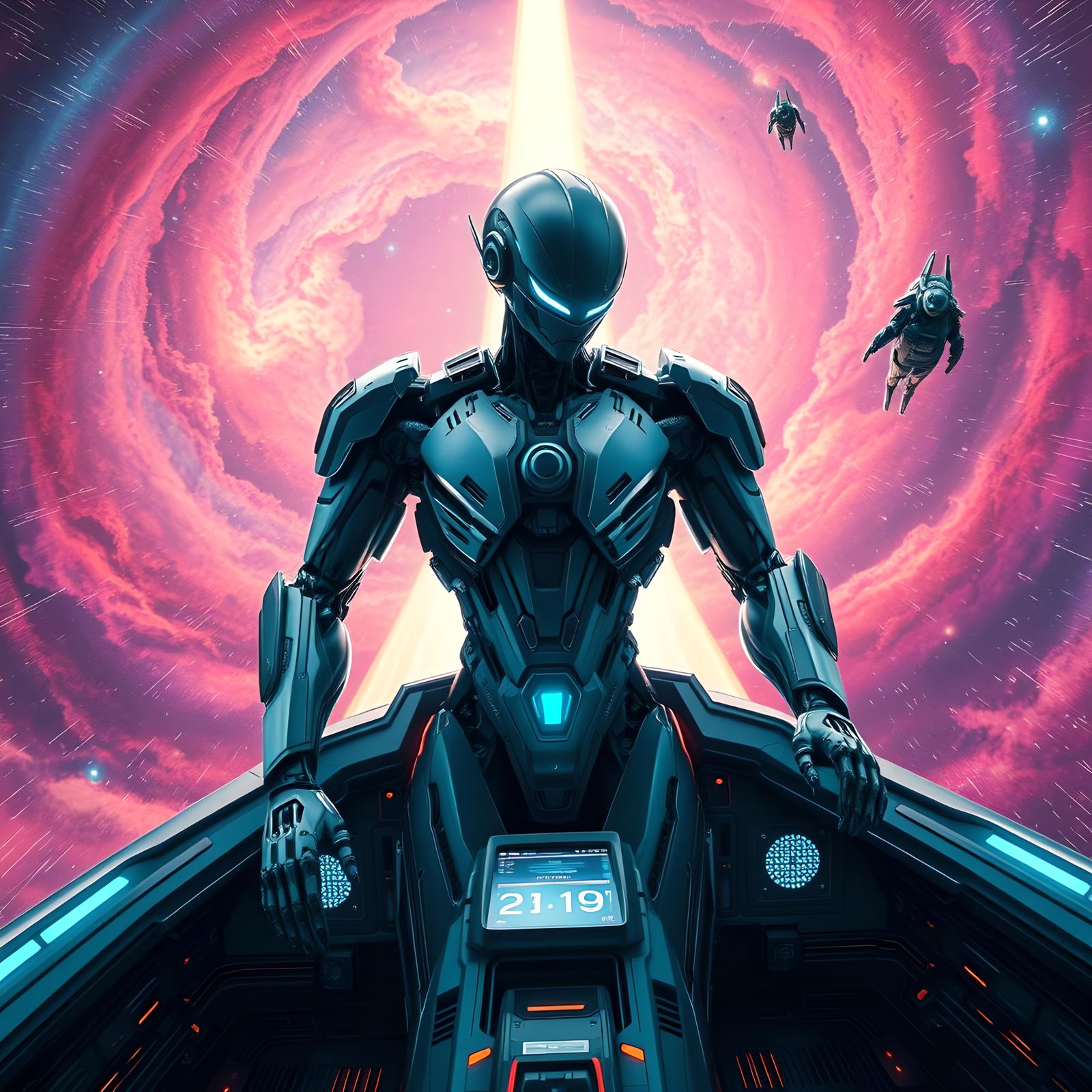 Futuristic Robot Pilot Blasting Off Into Galaxy