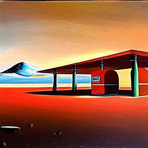 Surreal Martian Gas Station as Oil Painting