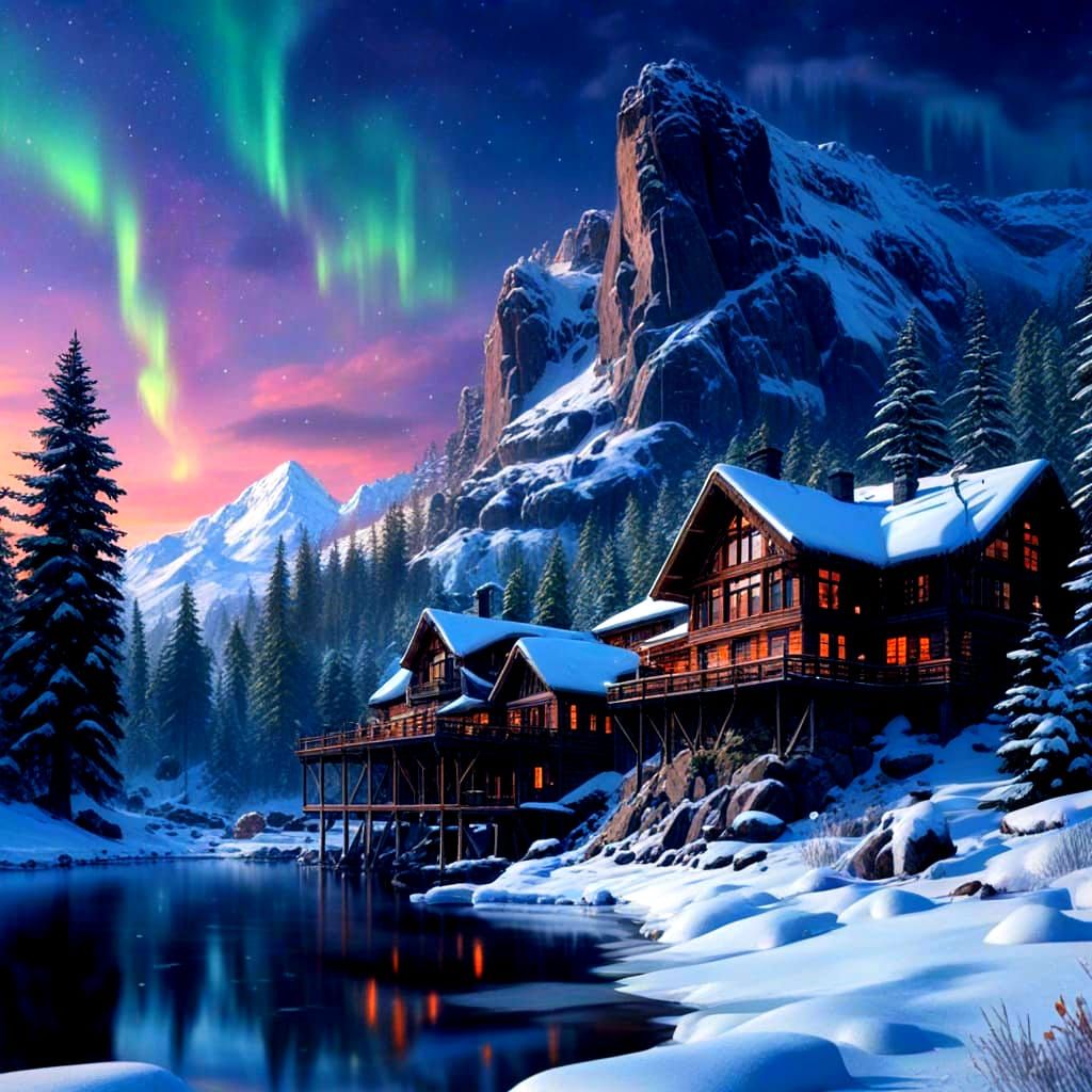 Majestic Winter Lodge Under Northern Lights