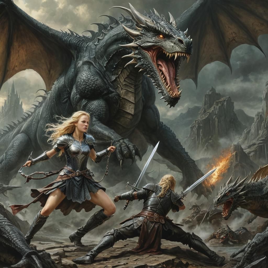 Epic Fantasy Oil Painting of Eowyn Battling a Majestic Drago...