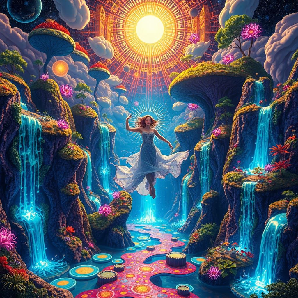 Celestial Being Dances in Surreal Utopian Landscape