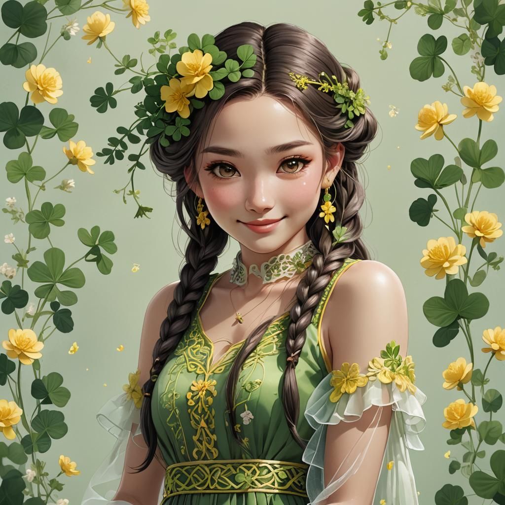 Anime Girl with Braids and Clover Dress