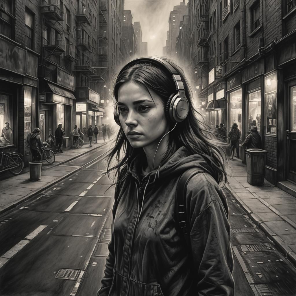 Girl with Headphones in Dark City: Charcoal Drawing