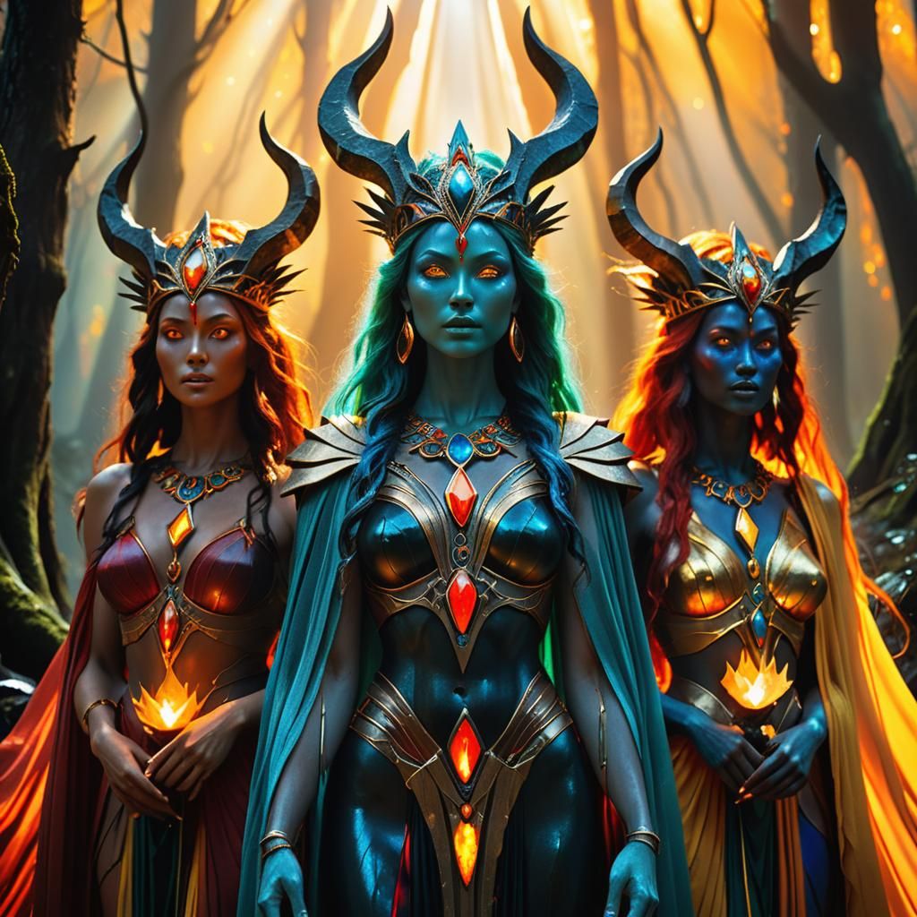 Ethereal Goddesses Illuminate Dark Forest with Radiant Light