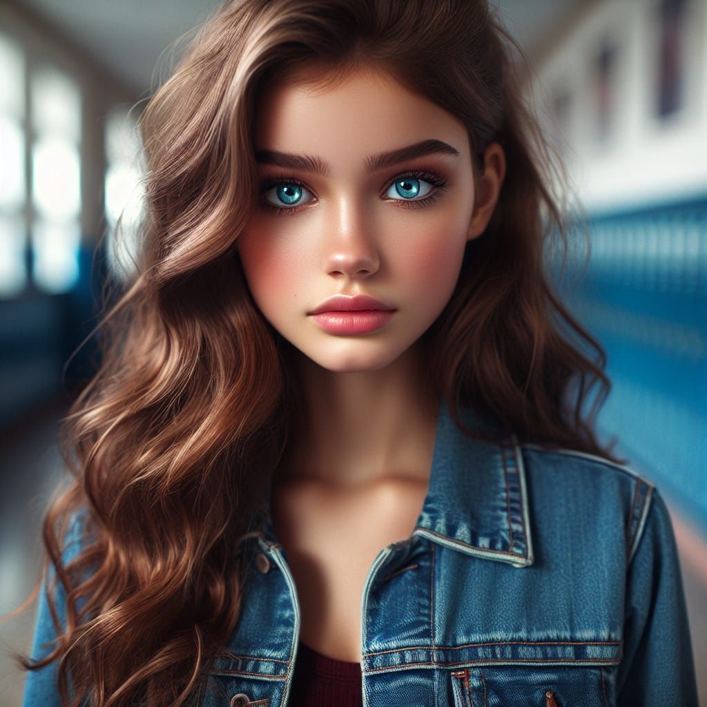 Hyperrealistic Portrait of a Teenage Girl with Blue Eyes
