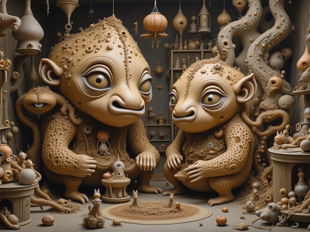 Surreal Studio Scene with Trolls and Goblin Artist