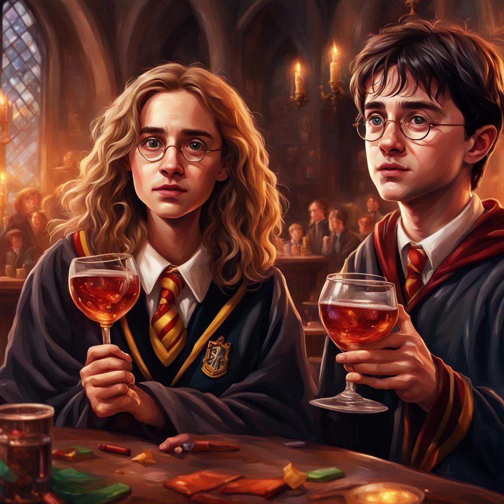 Drunk Harry Potter and Hermione at Hogwarts Party