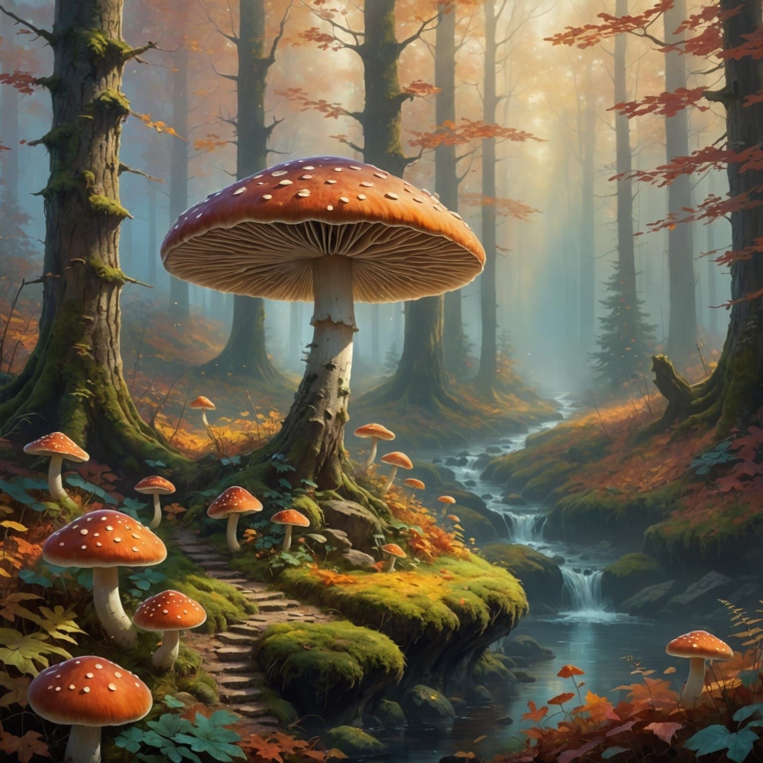 Ethereal Mushroom in Autumn Forest, Fantasy Art