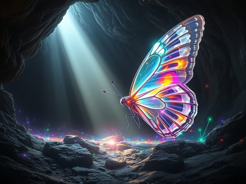 Crystal Butterfly Aurora in Light Beam: Digital Painting