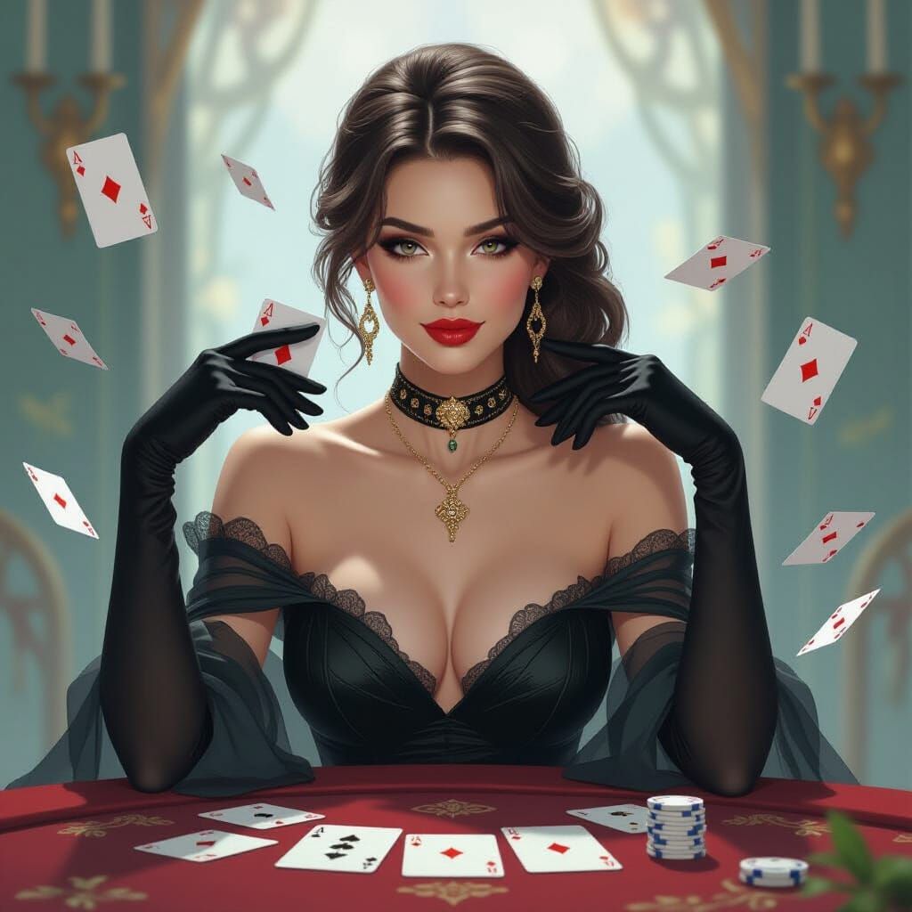 Elegant Woman Surrounded by Playing Cards