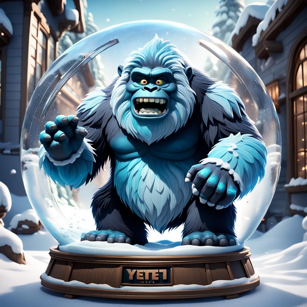 Yeti Crushed in Snow Globe, Pixar Style 3D Art