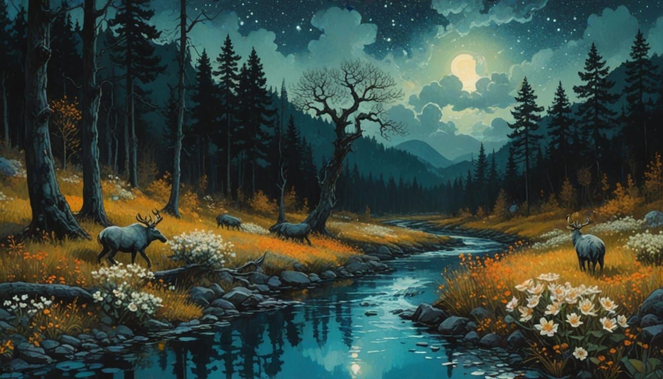 Enchanting Forest Nightscape with Woodland Creatures