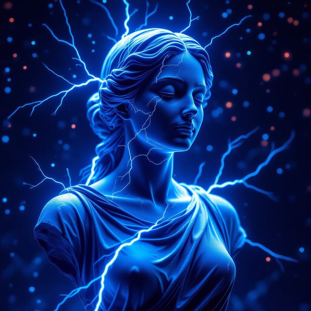 Electric Blue Woman Statue in Cosmic Void