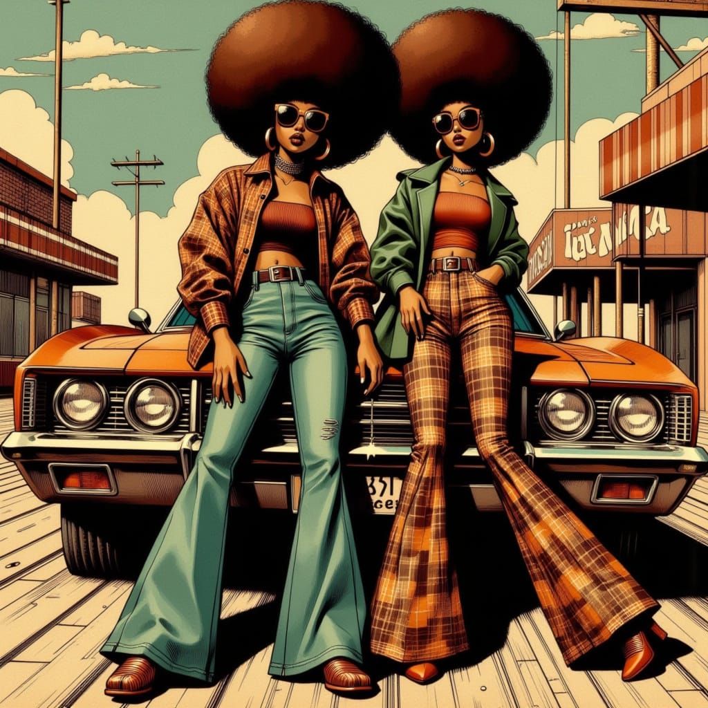 <lora:AFRO BEAUTY:1.0> Create a vibrant 1970s-inspired scene...