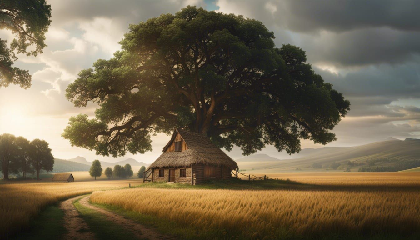 Solitary Oak Tree in Wheat Field, Photorealistic Style