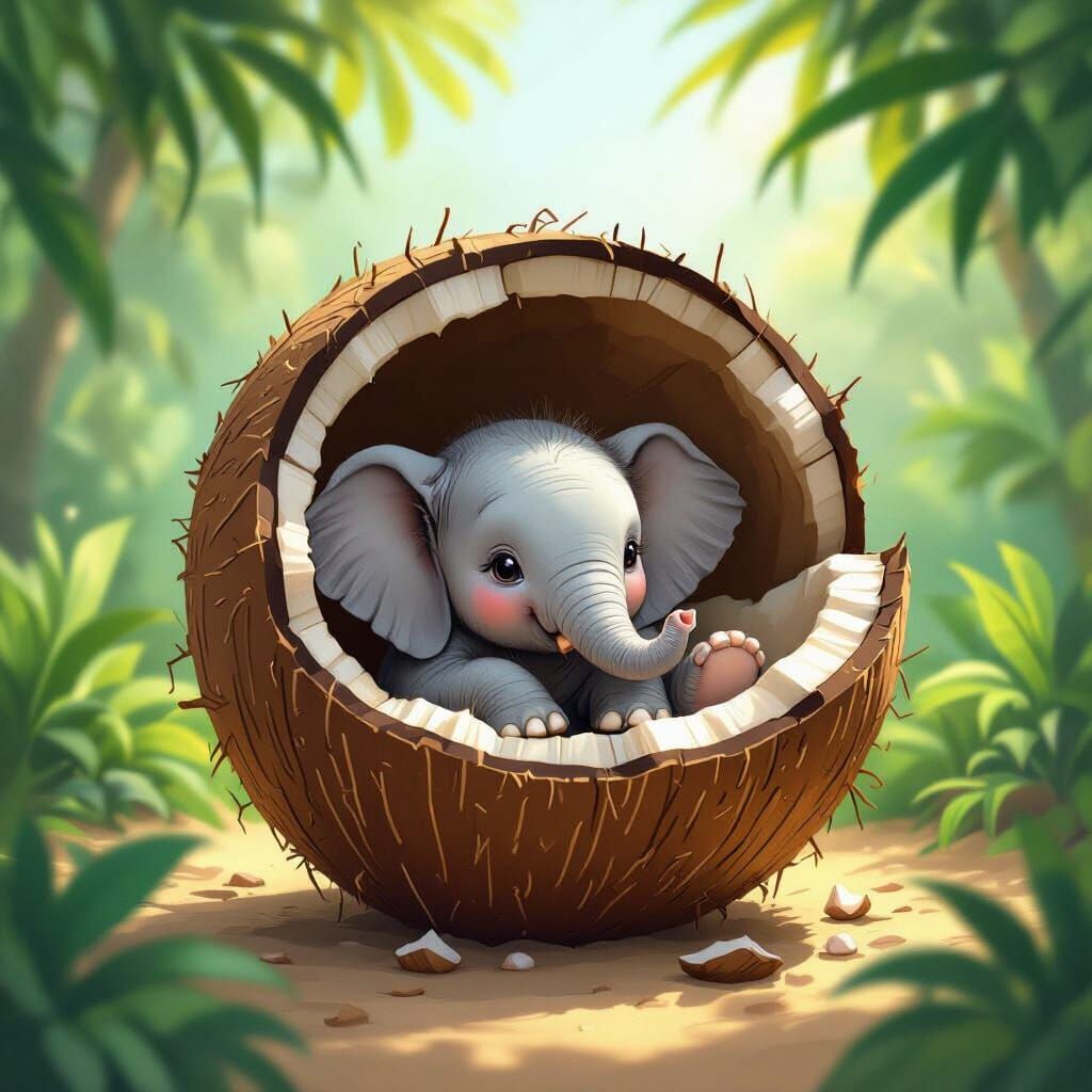 Baby Elephant in Giant Coconut, Children's Book Style