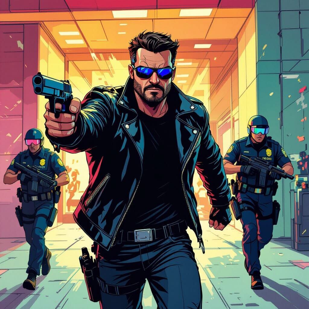 Bank Robbery Chase in Comic Book Style