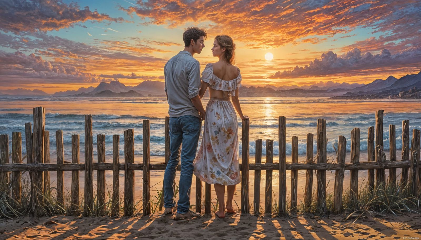 Romantic Beach Sunset in Polychromatic Watercolour Style